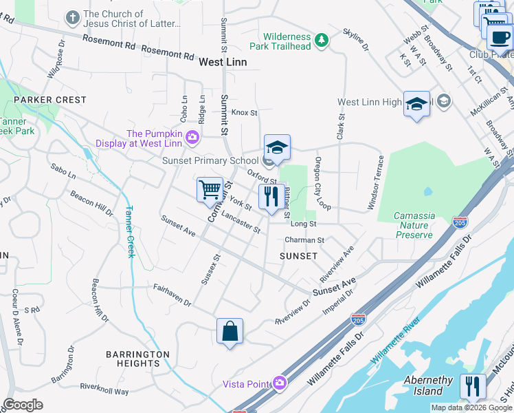 map of restaurants, bars, coffee shops, grocery stores, and more near 2543 York Street in West Linn