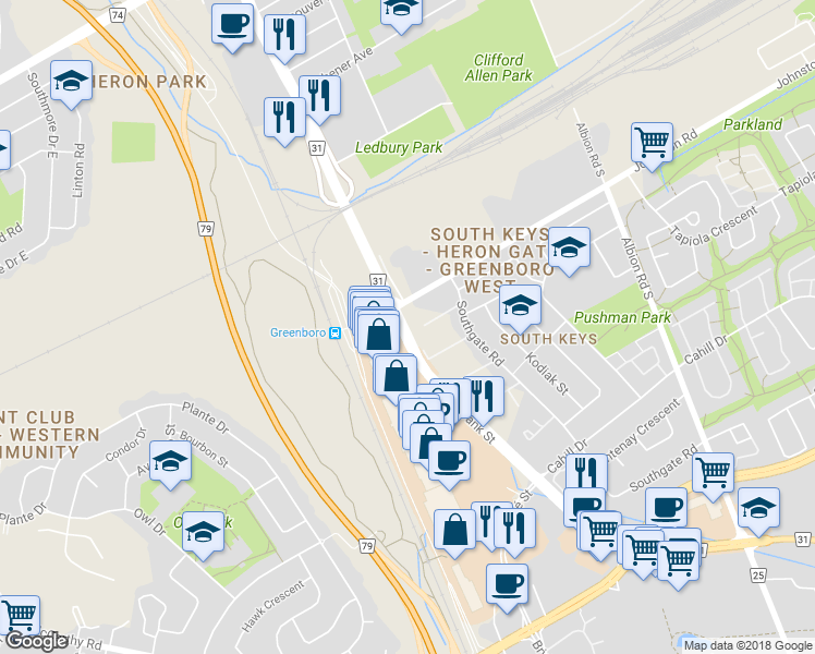 map of restaurants, bars, coffee shops, grocery stores, and more near 1002 Bank Street in Ottawa