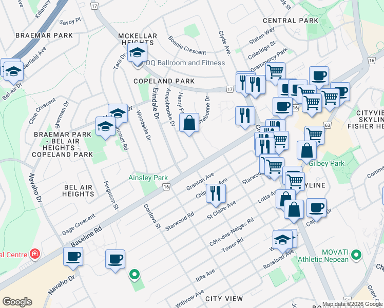 map of restaurants, bars, coffee shops, grocery stores, and more near 1333 Amesbrooke Drive in Ottawa