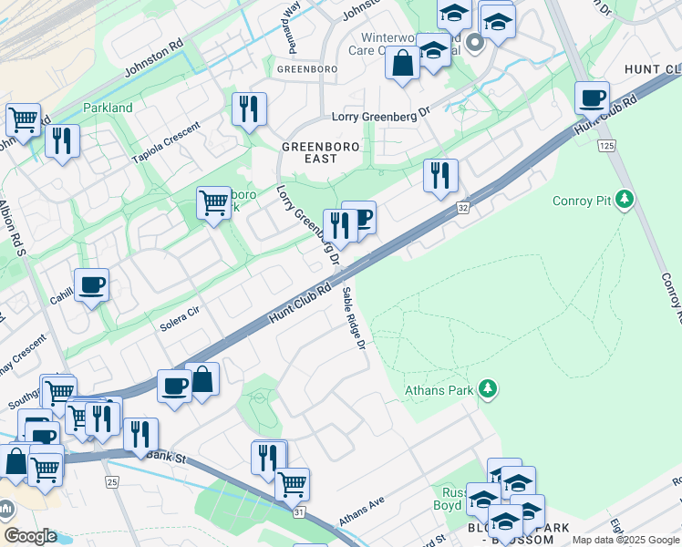 map of restaurants, bars, coffee shops, grocery stores, and more near Hunt Club Rd & Lorry Greenberg Dr in Ottawa
