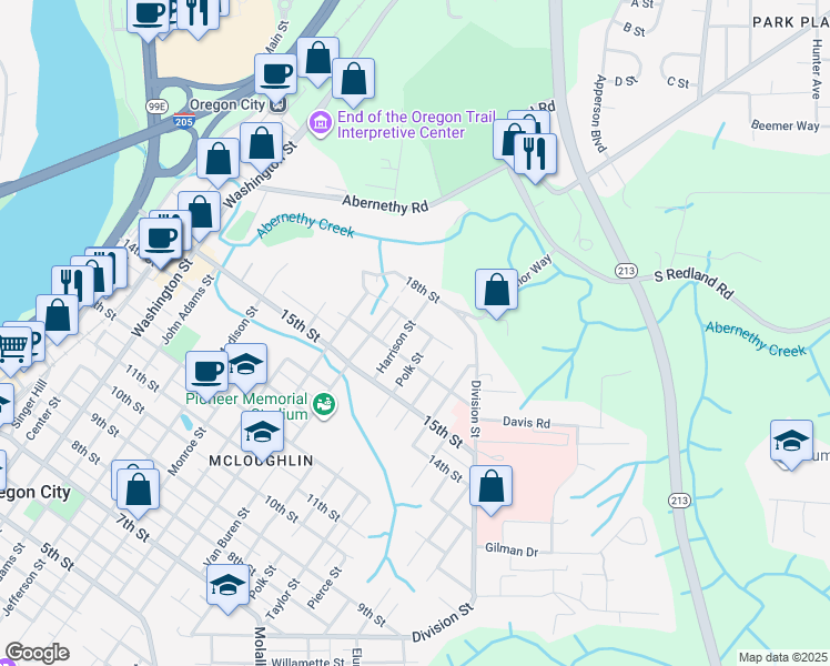 map of restaurants, bars, coffee shops, grocery stores, and more near 1618 Harrison Street in Oregon City