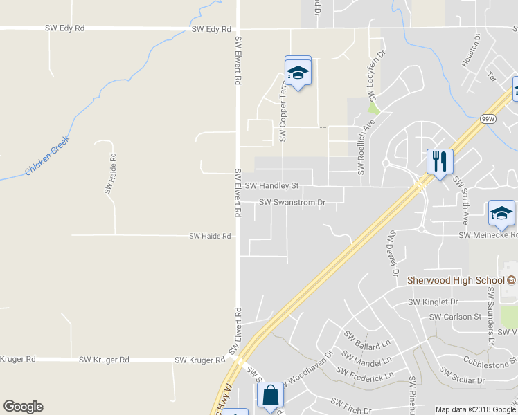 map of restaurants, bars, coffee shops, grocery stores, and more near 22034 Southwest Fletcher Terrace in Sherwood