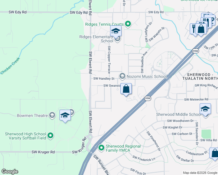 map of restaurants, bars, coffee shops, grocery stores, and more near 22039 Southwest Bushong Terrace in Sherwood