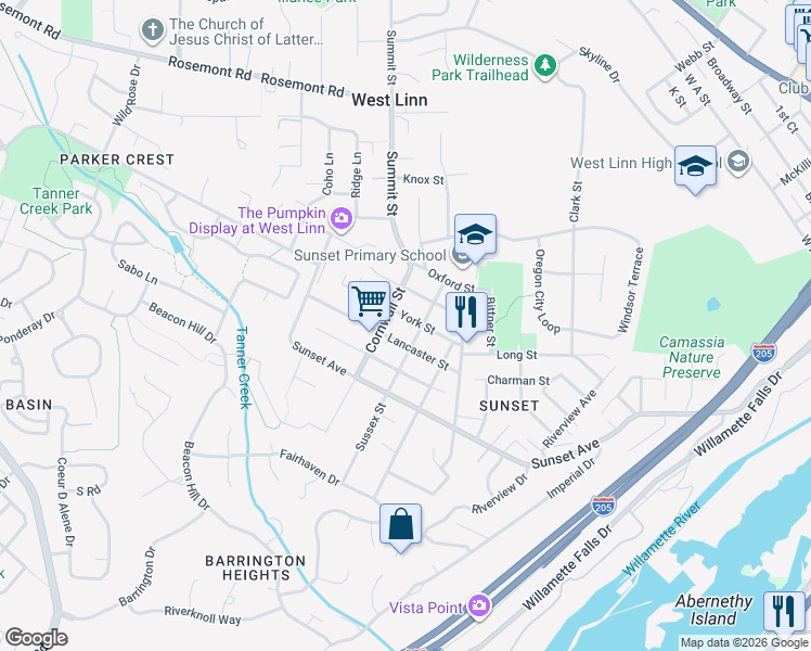 map of restaurants, bars, coffee shops, grocery stores, and more near 2640 York Street in West Linn