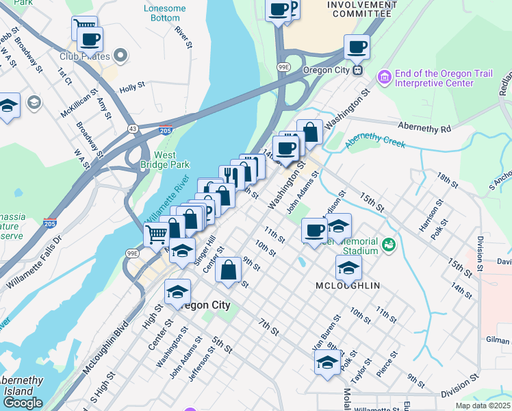 map of restaurants, bars, coffee shops, grocery stores, and more near 1114 Center Street in Oregon City
