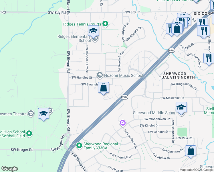 map of restaurants, bars, coffee shops, grocery stores, and more near 22051 Hines Place in Sherwood
