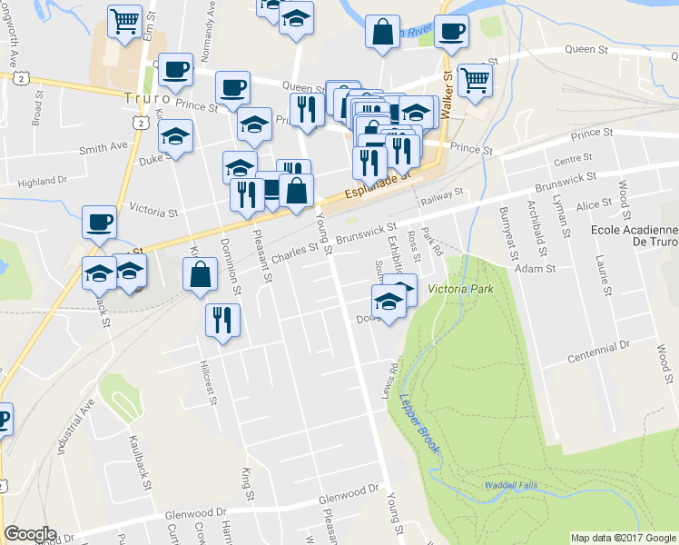 map of restaurants, bars, coffee shops, grocery stores, and more near 125 Young Street in Truro