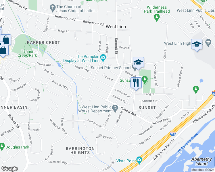 map of restaurants, bars, coffee shops, grocery stores, and more near 2743 Lancaster Street in West Linn