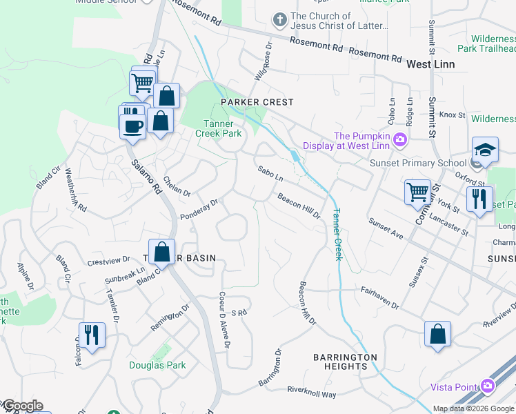 map of restaurants, bars, coffee shops, grocery stores, and more near 3422 Crescent Drive in West Linn