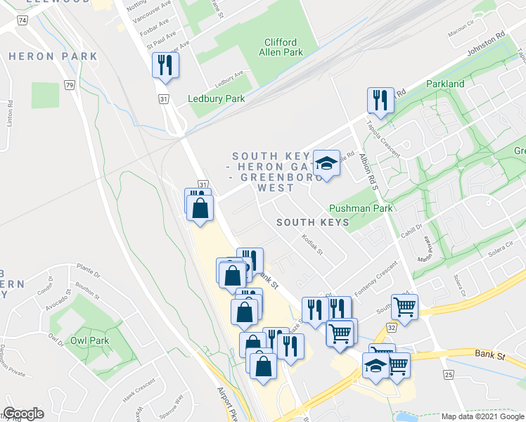 map of restaurants, bars, coffee shops, grocery stores, and more near 3255 Southgate Road in Ottawa