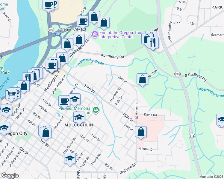 map of restaurants, bars, coffee shops, grocery stores, and more near 1608 Van Buren Street in Oregon City
