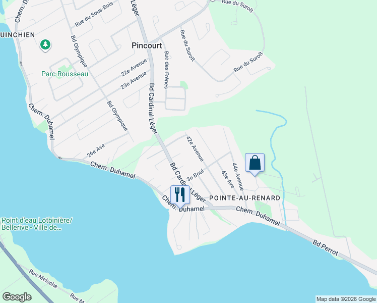 map of restaurants, bars, coffee shops, grocery stores, and more near 83 42e Av in Pincourt