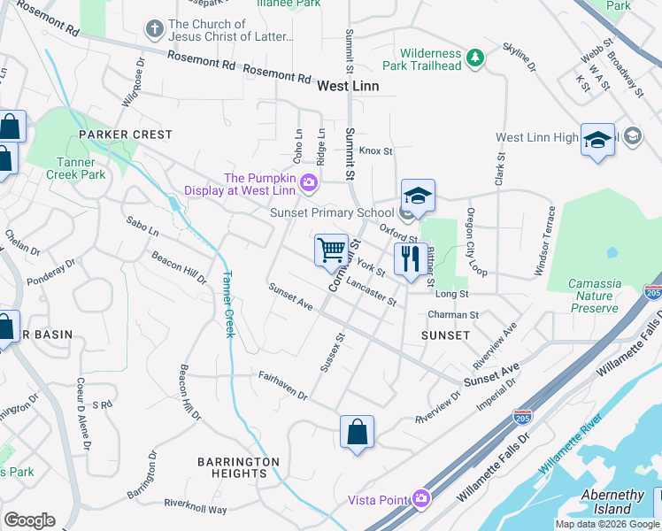 map of restaurants, bars, coffee shops, grocery stores, and more near 2781 Lancaster Street in West Linn