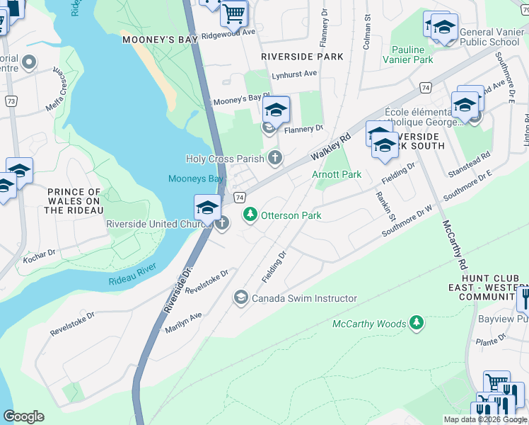 map of restaurants, bars, coffee shops, grocery stores, and more near 580 Blanchard Crescent in Ottawa