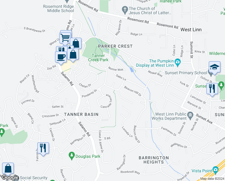 map of restaurants, bars, coffee shops, grocery stores, and more near 3422 Crescent Drive in West Linn