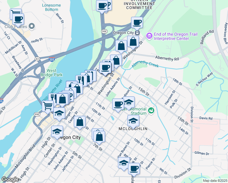 map of restaurants, bars, coffee shops, grocery stores, and more near 1300 John Adams Street in Oregon City