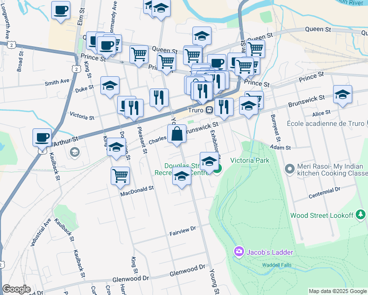 map of restaurants, bars, coffee shops, grocery stores, and more near 121 Young Street in Truro