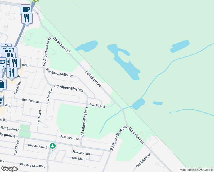 map of restaurants, bars, coffee shops, grocery stores, and more near 176 Boulevard Industriel in Châteauguay