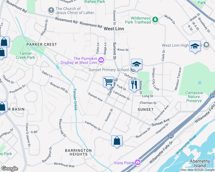 map of restaurants, bars, coffee shops, grocery stores, and more near 2781 Lancaster Street in West Linn