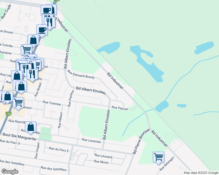 map of restaurants, bars, coffee shops, grocery stores, and more near 133 Rue Edouard Branly in Châteauguay