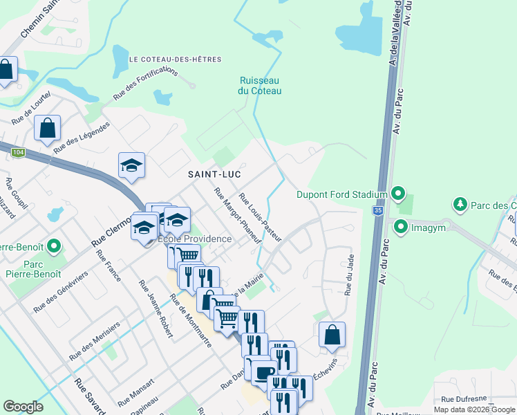 map of restaurants, bars, coffee shops, grocery stores, and more near 348 Rue Louis Pasteur in Saint-Jean-sur-Richelieu