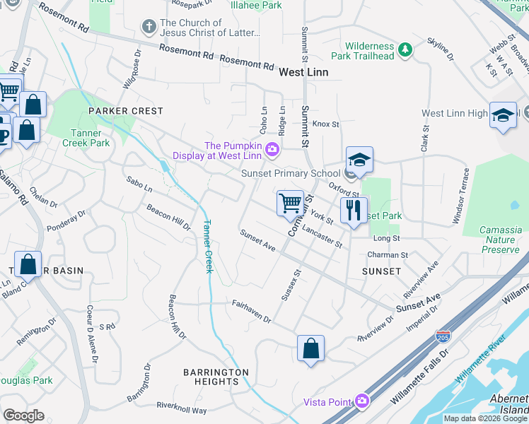 map of restaurants, bars, coffee shops, grocery stores, and more near 2792 Lancaster Street in West Linn