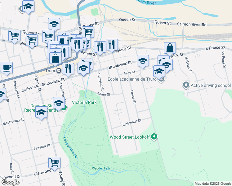 map of restaurants, bars, coffee shops, grocery stores, and more near 59 Archibald Street in Truro
