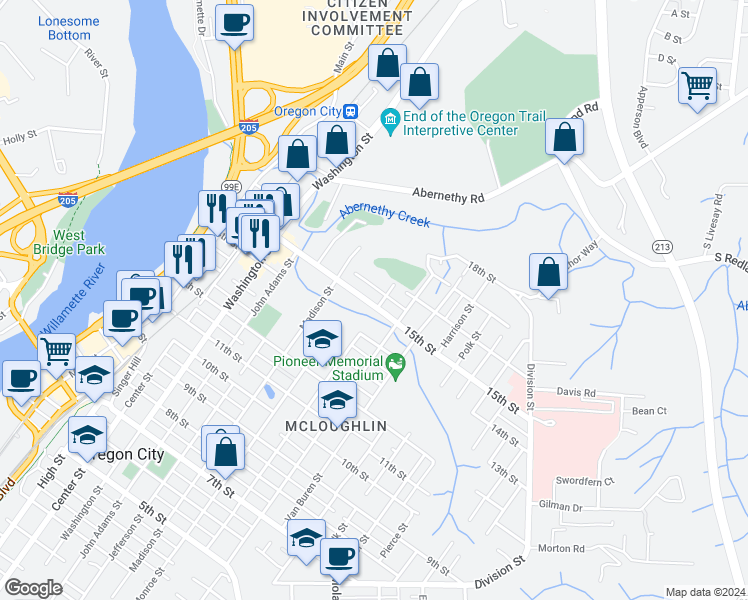 map of restaurants, bars, coffee shops, grocery stores, and more near 1015 15th Street in Oregon City