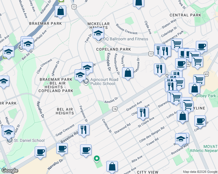 map of restaurants, bars, coffee shops, grocery stores, and more near 1301 Woodside Drive in Ottawa