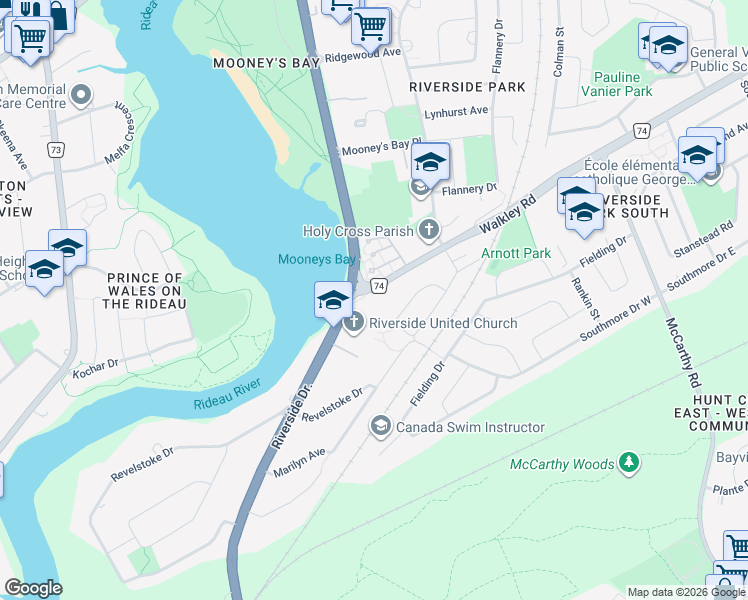 map of restaurants, bars, coffee shops, grocery stores, and more near 628 Walkley Road in Ottawa