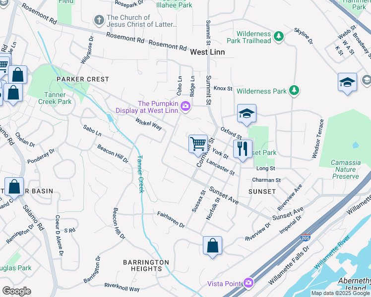 map of restaurants, bars, coffee shops, grocery stores, and more near 2781 West Lancaster Street in West Linn