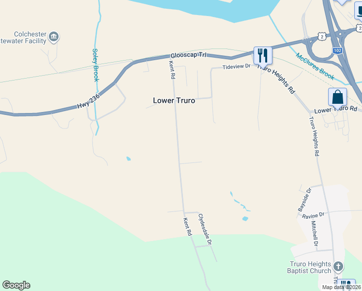 map of restaurants, bars, coffee shops, grocery stores, and more near 134 Kent Road in Lower Truro
