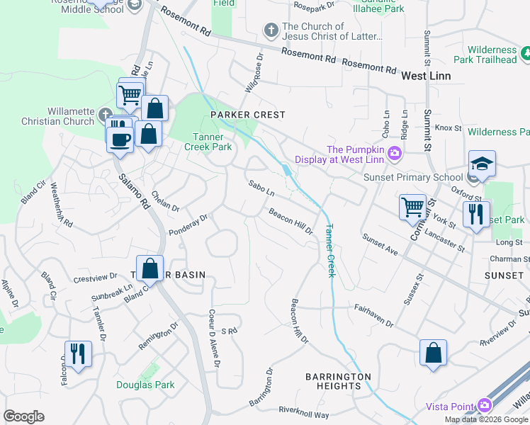 map of restaurants, bars, coffee shops, grocery stores, and more near 3385 Quail Ridge Court in West Linn