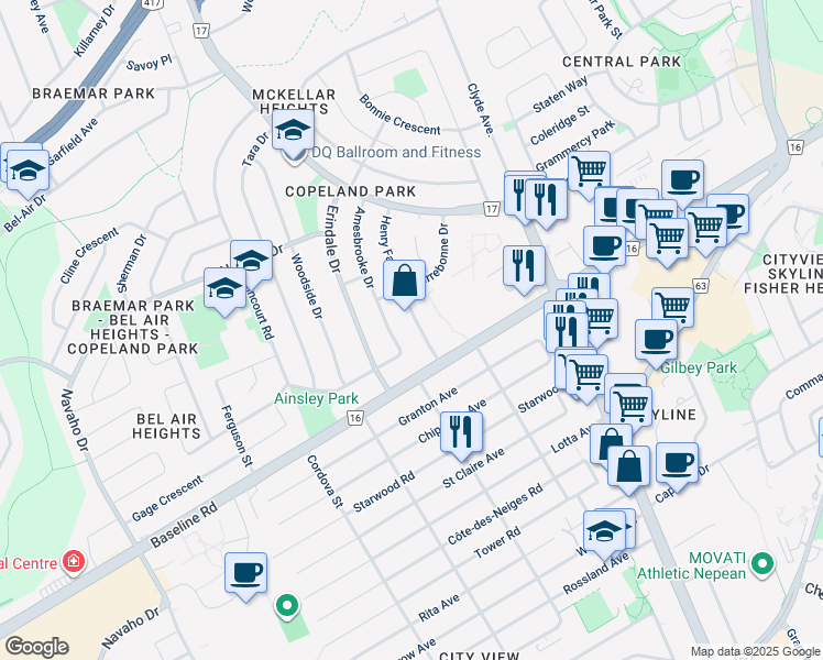 map of restaurants, bars, coffee shops, grocery stores, and more near 1333 Amesbrooke Drive in Ottawa