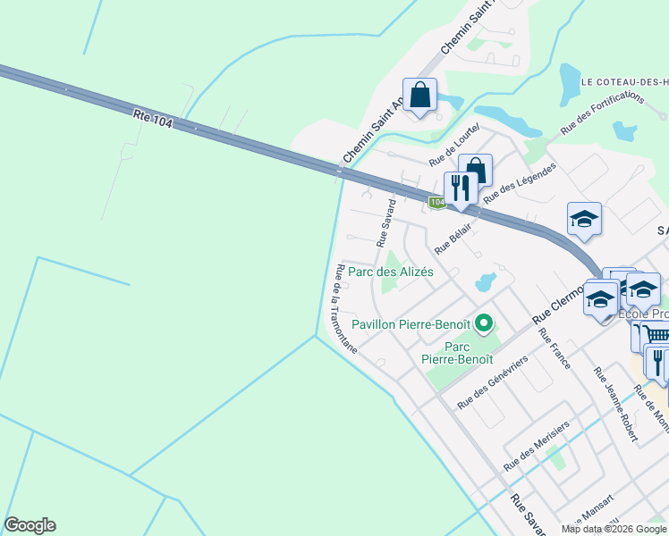 map of restaurants, bars, coffee shops, grocery stores, and more near 466 Rue de la Tramontane in Saint-Jean-sur-Richelieu