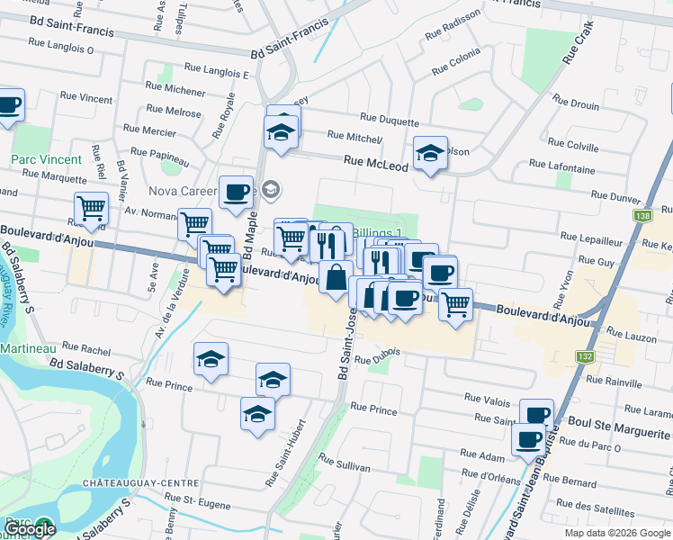 map of restaurants, bars, coffee shops, grocery stores, and more near 7 Rue Tremblay in Châteauguay