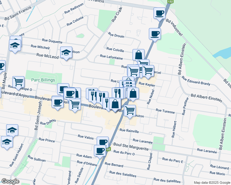 map of restaurants, bars, coffee shops, grocery stores, and more near 28 Rue Yvon in Châteauguay