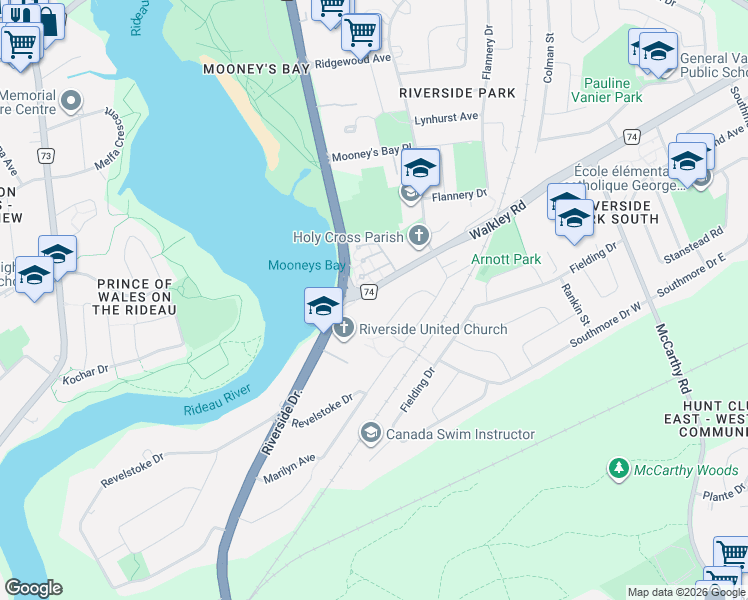map of restaurants, bars, coffee shops, grocery stores, and more near 636 Walkley Road in Ottawa