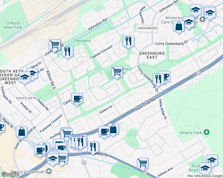 map of restaurants, bars, coffee shops, grocery stores, and more near in Ottawa