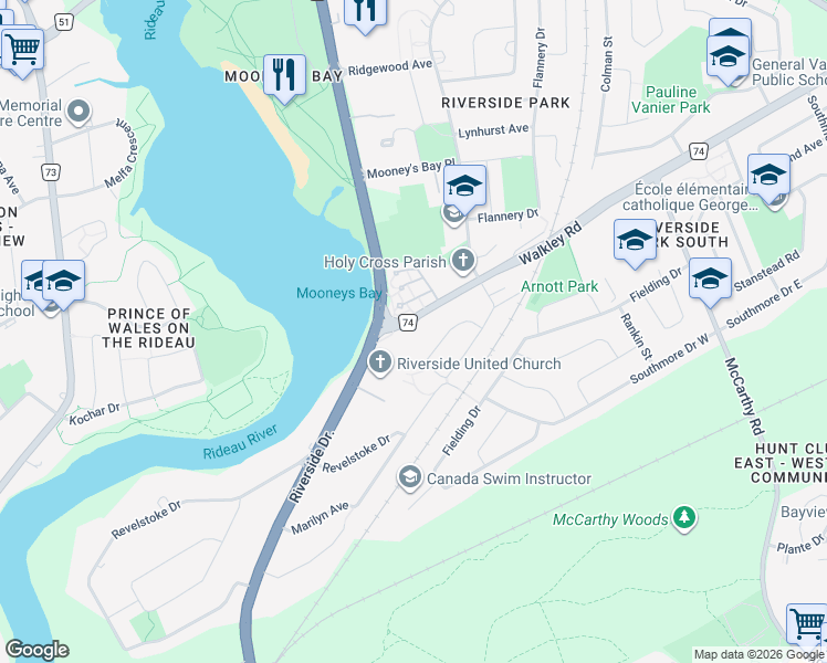 map of restaurants, bars, coffee shops, grocery stores, and more near 628 Walkley Road in Ottawa