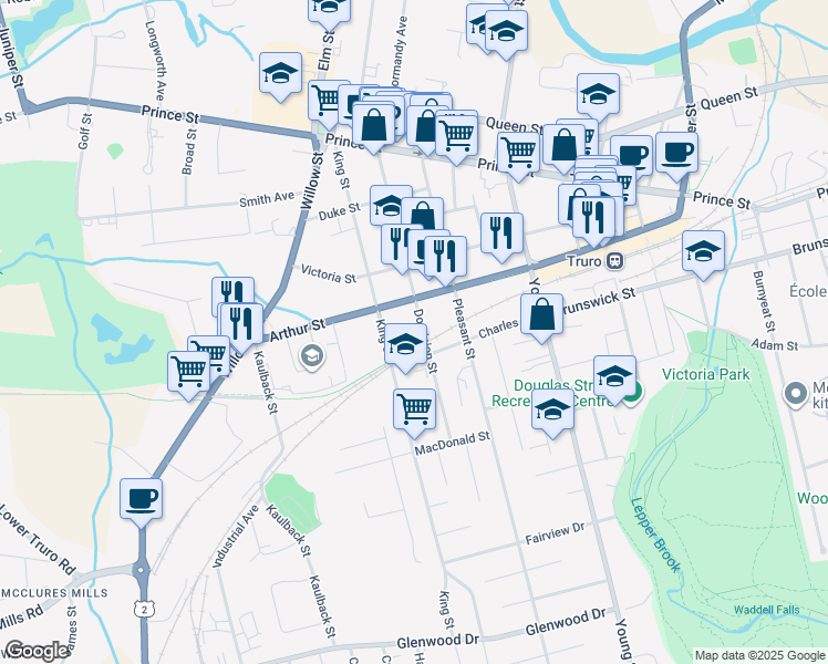 map of restaurants, bars, coffee shops, grocery stores, and more near 122 Dominion Street in Truro