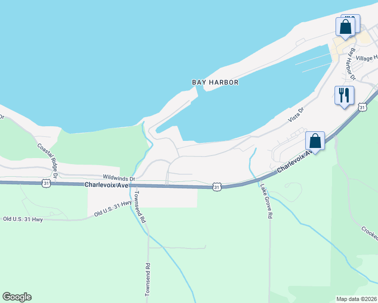 map of restaurants, bars, coffee shops, grocery stores, and more near 4480 Vista Dr in Petoskey