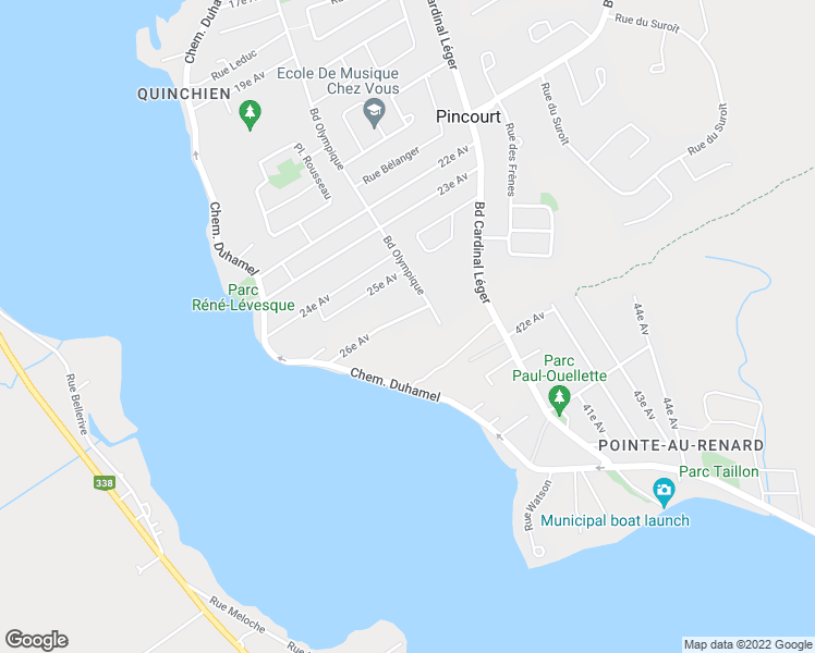 map of restaurants, bars, coffee shops, grocery stores, and more near 20 26e Av in Pincourt