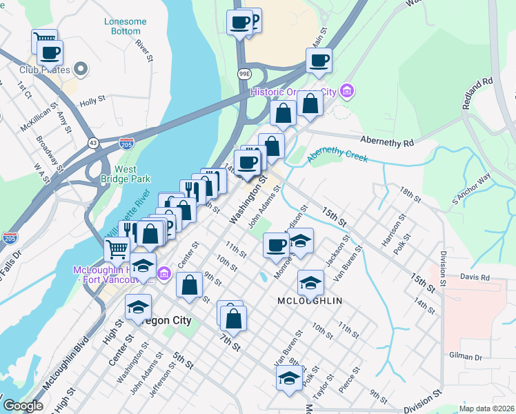 map of restaurants, bars, coffee shops, grocery stores, and more near 617 13th Street in Oregon City