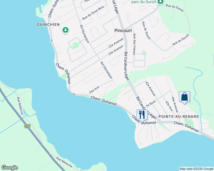 map of restaurants, bars, coffee shops, grocery stores, and more near 20 26e Av in Pincourt