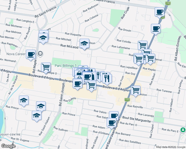 map of restaurants, bars, coffee shops, grocery stores, and more near 312 Rue Randill in Châteauguay