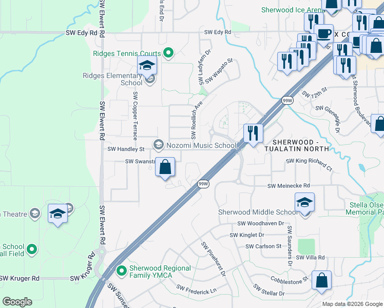 map of restaurants, bars, coffee shops, grocery stores, and more near 17816 Southwest Handley Street in Sherwood