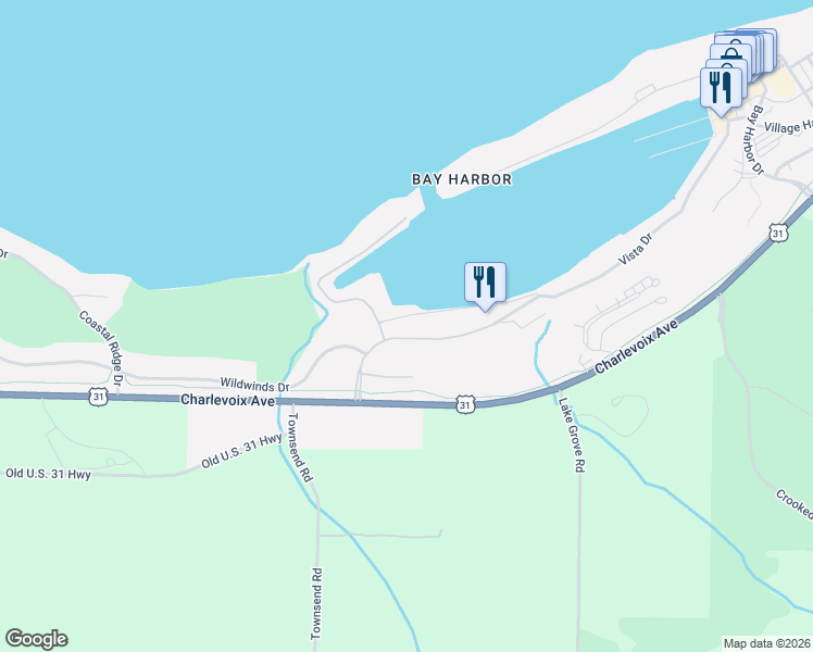 map of restaurants, bars, coffee shops, grocery stores, and more near 4480 Vista Drive in Petoskey