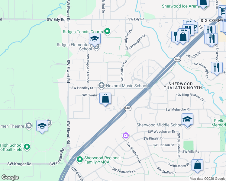 map of restaurants, bars, coffee shops, grocery stores, and more near 22051 Hines Place in Sherwood