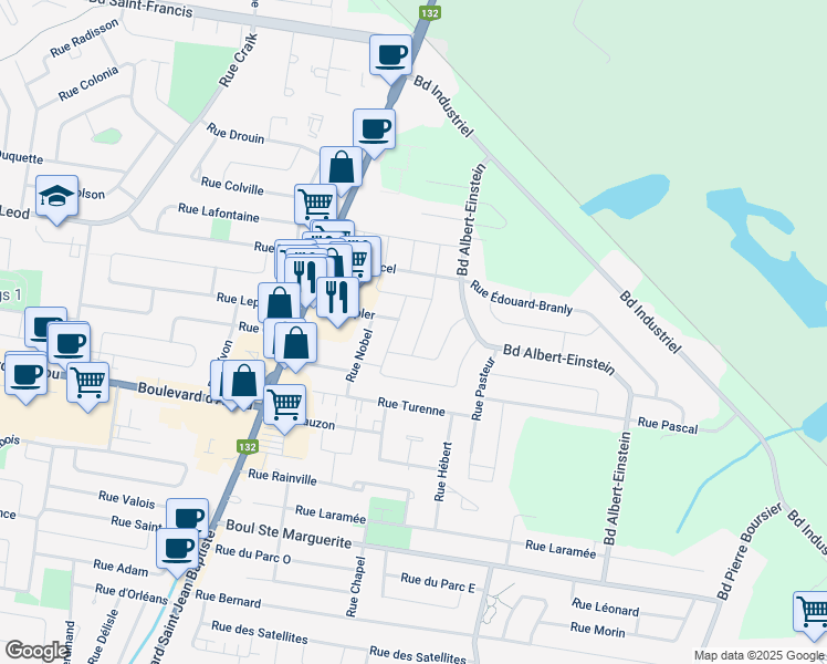 map of restaurants, bars, coffee shops, grocery stores, and more near 105 Rue Pierre-Curie in Châteauguay